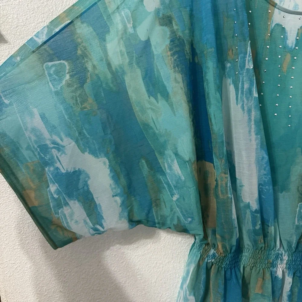 Mermaidcore Festival Top  Womens XL Teal Blue Abstract Watercolor Peplum Studded